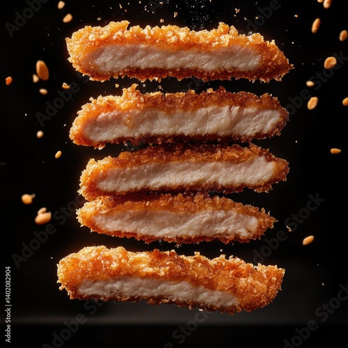 Crispy, golden-brown breaded pork cutlets, sliced.  A close-up view of several perfectly prepared, breaded pork cutlets in a dynamic,  levitating presentation