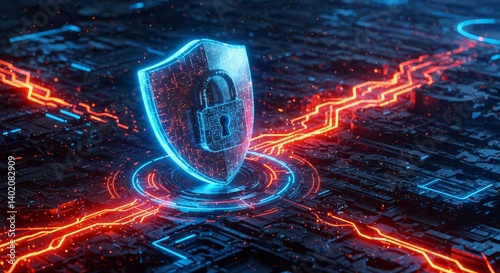 Shield: Cyber Security Protection - Glowing shield with padlock on a circuit board background, symbolizing online data protection and security photo