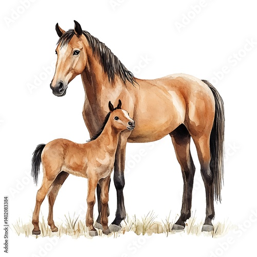 Brown Mare and Foal Watercolor Painting on White Background
