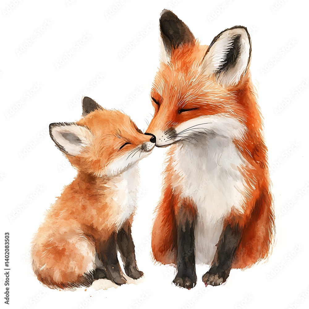 Fototapeta premium Tender Watercolor Painting of Red Fox and Kit Nuzzling