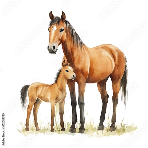 Watercolor Painting of a Brown Mare and Her Foal