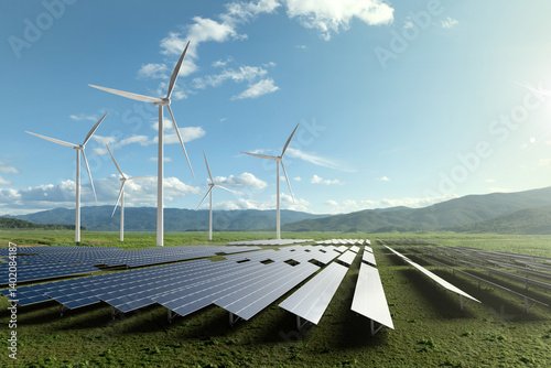 Solar farm and wind turbines in mountain valley with lake view