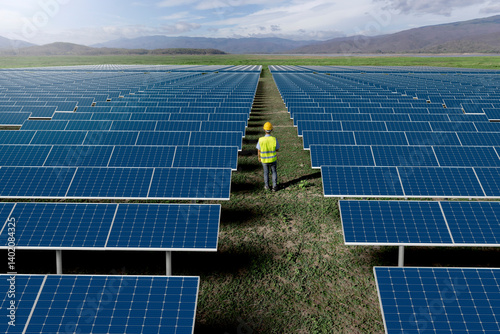 Engineer walking in solar farm generating clean green electricity