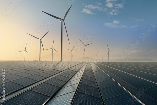 Solar panels and wind turbines in sunrise clean energy landscape