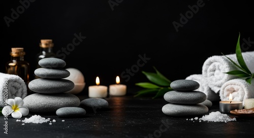Tranquil Spa Treatment Scene - Serene spa setting with stacked stones, candles, bath bombs, and rolled towels on a dark background. Perfect for wellness, relaxation, and self-care