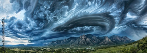 Dramatic cloud formation over mountains and a valley, showcasing nature's beauty.