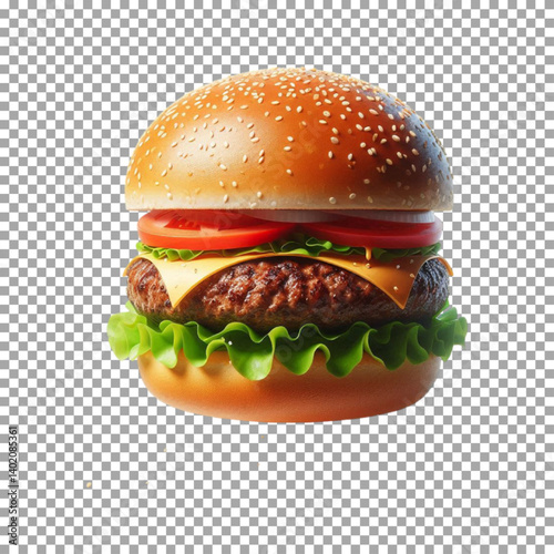 3D rendering of a hamburger, Burger with cheese and tomato on transparent background, png, psd
