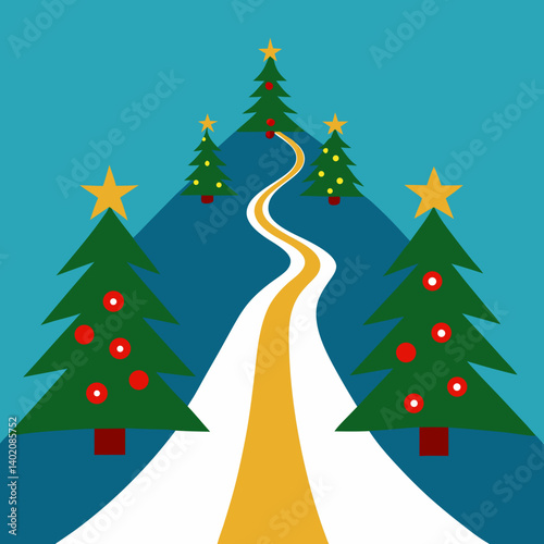 Vector art illustration of a street decorated for Christmas