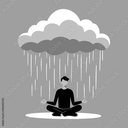 silhouette illustration of a man meditating under a rain cloud in a simple flat style on a gray background