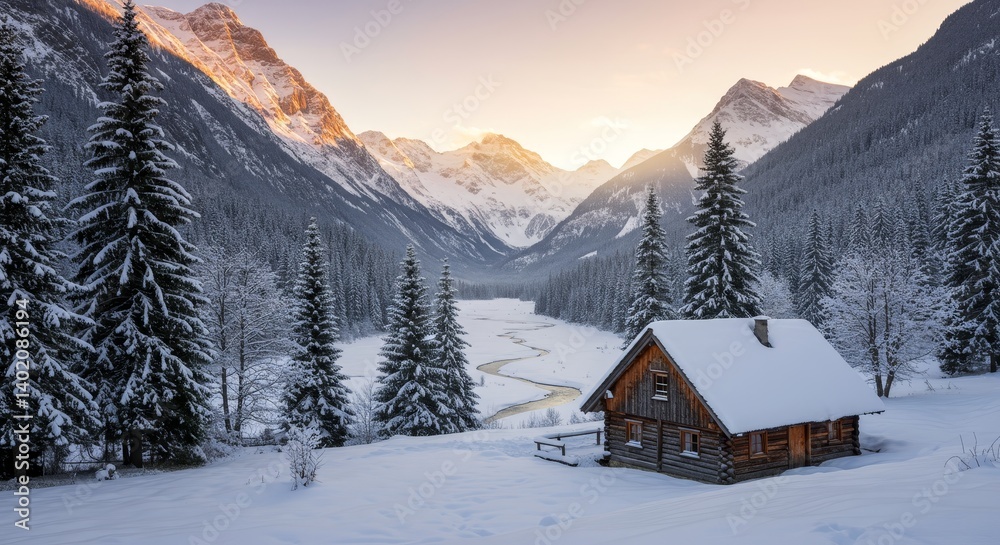 Fototapeta premium Winter Cabin in Snowy Mountains - A cozy wooden cabin nestled in a snow-covered valley surrounded by majestic mountains at sunset. Serene winter landscape