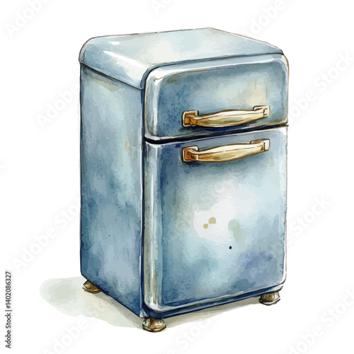 Retro Icebox With Metal Handles, vector watercolor illustration, isolated on a white background.