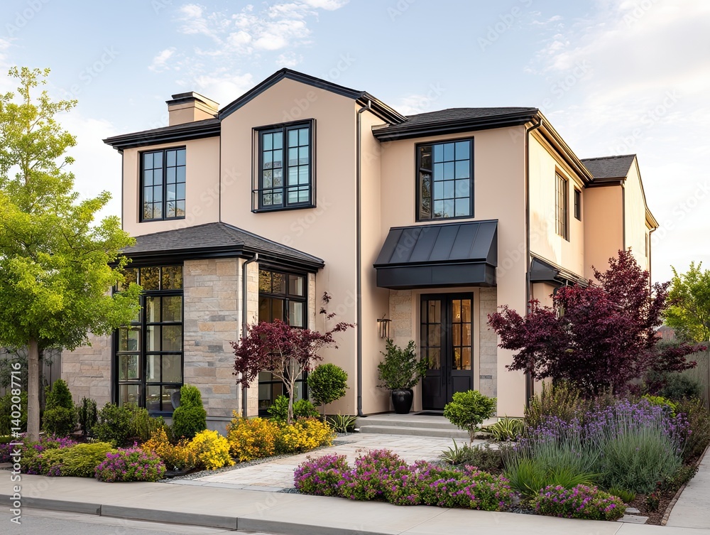 A striking two-story home with light peach stucco and deep navy window frames, complemented by sleek steel details A striking two-story home with light peach stucco and deep navy window frames, complemented by sleek steel details