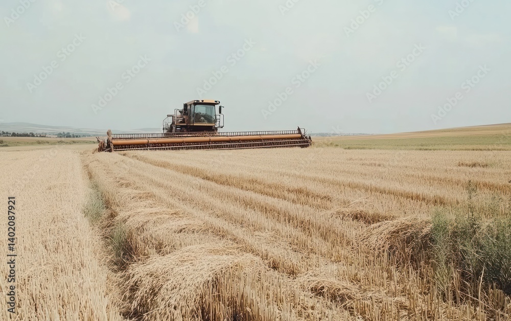 Obraz premium Orange Harvester in Golden Wheat Field