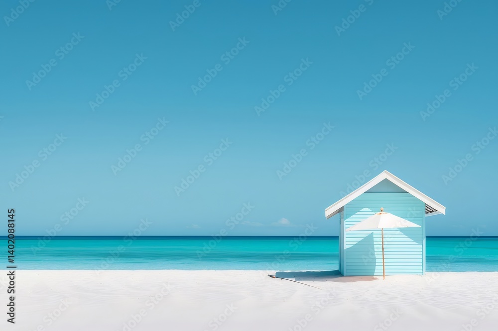 Coastal Scene With Turquoise Beach House And Parasol Under Clear Blue Sky And Bright Sunlight Coastal Scene With Turquoise Beach House And Parasol Under Clear Blue Sky And Bright Sunlight