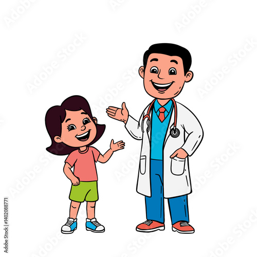 cartoon illustration of a child chatting with a doctor on a white background