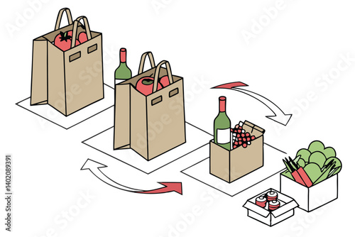 55 Brown paper bags, grocery items, shrinking bags, minimalist design, 3D rendering, conceptual art, food waste reduction, environmental awareness, progressive stages, transformation, optical illusion