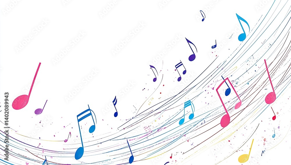 A white background with colorful music notes and flowing lines A white background with colorful music notes and flowing lines
