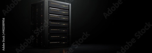Black server rack with multiple drive bays in a dark room