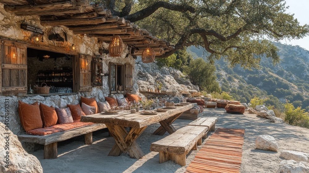 Fototapeta premium Rustic Mountaintop Dining Experience: A breathtaking view and a unique outdoor dining setting.