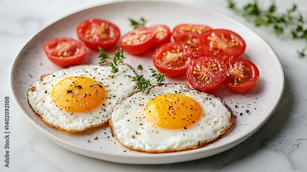 Delicious Sunny-Side-Up Eggs Served With Fresh Sliced Tomatoes on White Plate Delicious Sunny-Side-Up Eggs Served With Fresh Sliced Tomatoes on White Plate