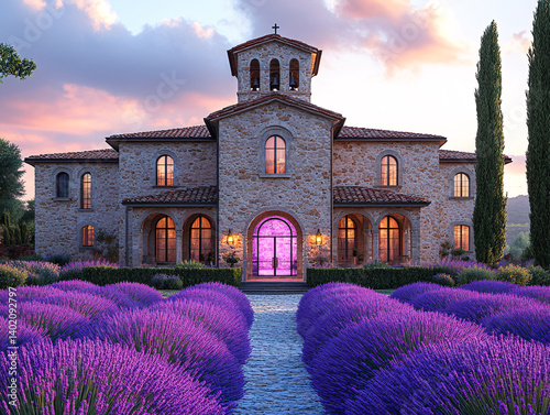 Italian-style building with a red-tiled roof, arched windows, and a central archway leading to a vibrant purple doorway. The building is surrounded by lush greenery