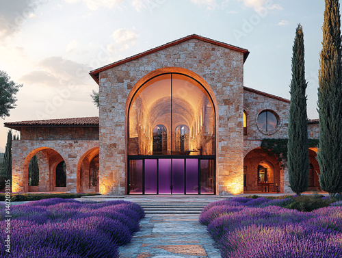 Italian-style building with a red-tiled roof, arched windows, and a central archway leading to a vibrant purple doorway. The building is surrounded by lush greenery