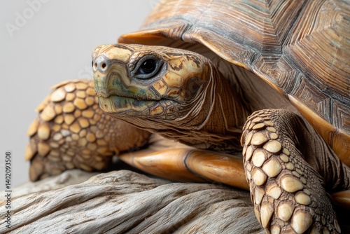 Close-up of a yellow-footed tortoise, showcasing its intricate shell pattern and expressive eyes.