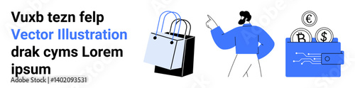 Professional figure gesturing at shopping bags and digital wallet with coins and a circuit design. Ideal for e-commerce, digital finance, online shopping, fintech, technology, retail innovation, flat