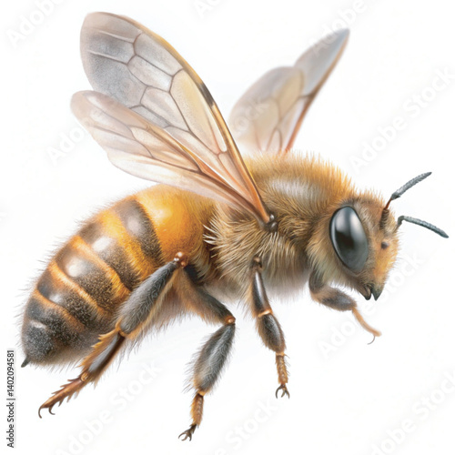 A high-resolution macro shot of a honeybee in mid-air, its delicate wings slightly blurred from motion for World Bee Day