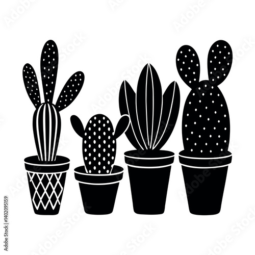 Three Cactus in Pots - Simple Line Art Design