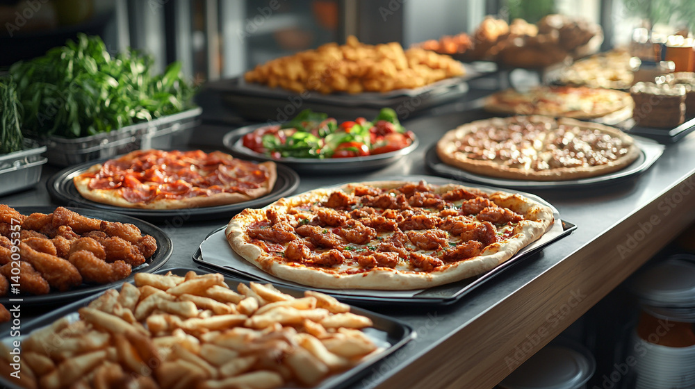 Obraz premium A display of various pizzas, fried chicken, french fries, and salad on a metal countertop surface