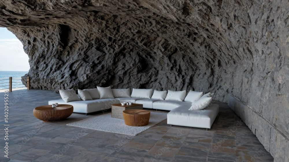 Wide-angle video of a modern coastal cave lounge with white sofas and wicker tables, blending natural rock textures with ocean views.