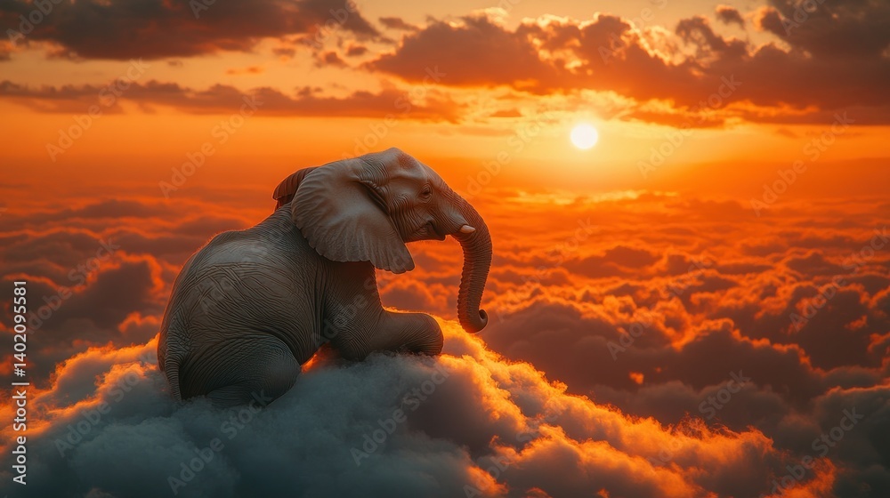 Serene elephant atop a cloud at sunset