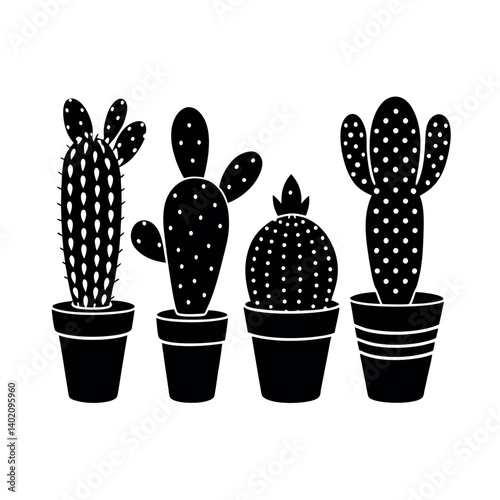 Three Cactus in Pots - Simple Line Art Design