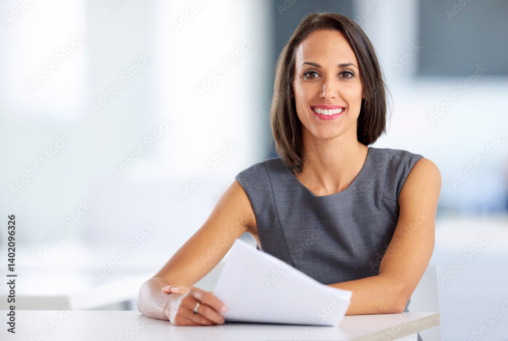 Woman, desk and portrait in office with paperwork, planning and smile for creative employee. Happy, confidence and administration for architect and designer, professional and lookbook for project Woman, desk and portrait in office with paperwork, planning and smile for creative employee. Happy, confidence and administration for architect and designer, professional and lookbook for project