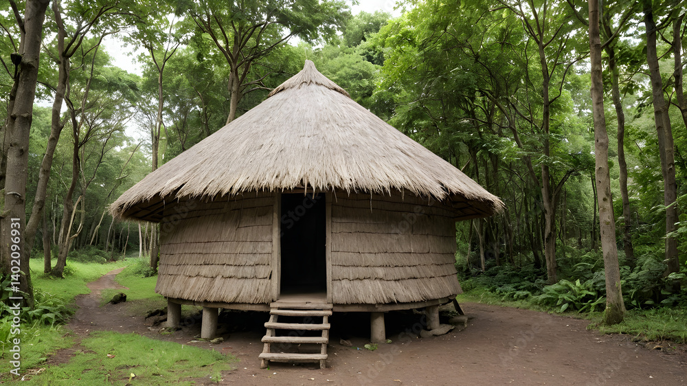 Traditional Thatched Hut on Stilts in Forest Traditional Thatched Hut on Stilts in Forest