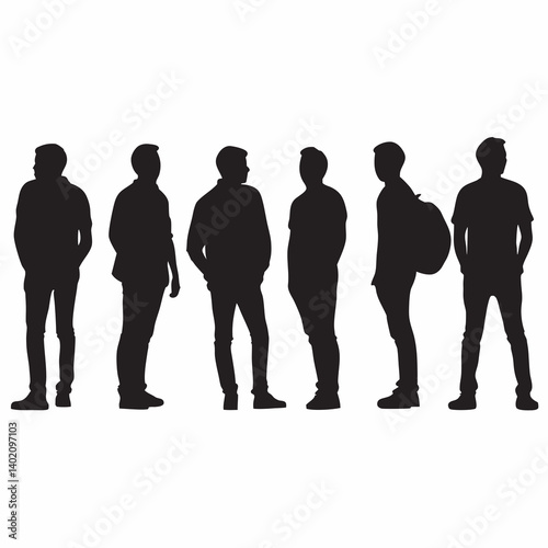 Silhouettes of five young men standing together simple black and white graphic design clean