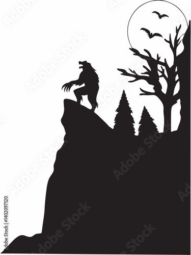 Lone werewolf howling on clifftop under moonlit sky dark silhouette spooky forest backdrop