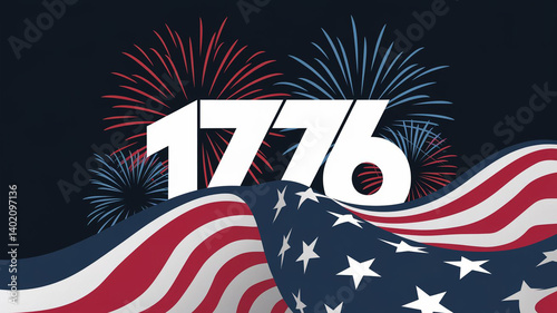 Celebrate America s Independence Day 1776 Fireworks explode above a majestic waving American flag commemorating the birth of a nation freedom and liberty Bold graphic design
