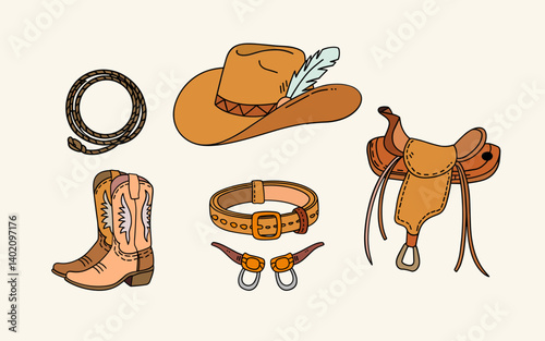 A beautiful hand-drawn whimsical style illustration of cowboy items on a white background