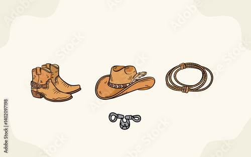 Beautiful hand drawn whimsical style cow boy items, white background, vector illustration 