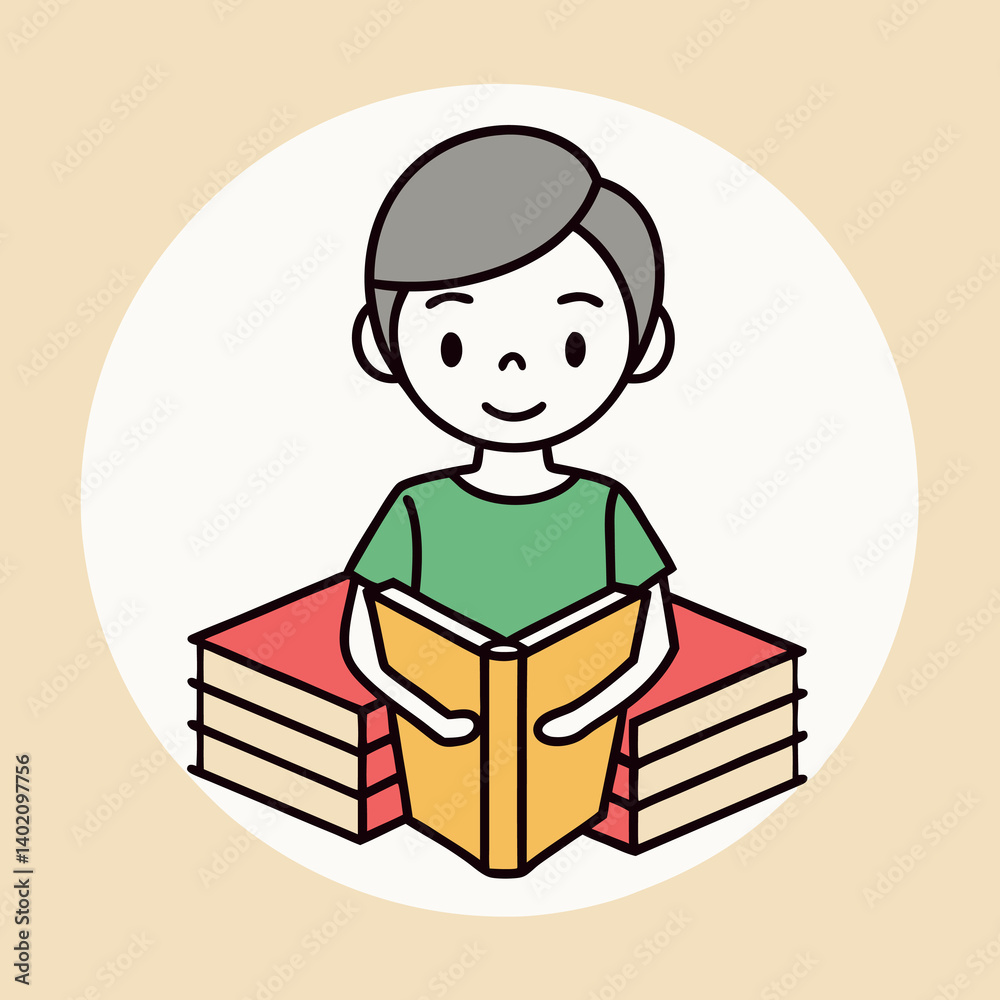 Minimalist-illustration child-reading stack  of a bool