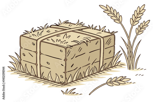 58 Rectangular hay bale, golden straw, dried grass, farm imagery, agricultural texture, rustic countryside, harvest season, natural materials, organic shapes, earthy tones, rural setting, baled fodder