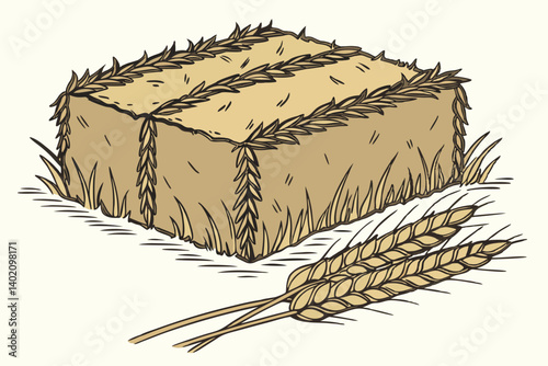58 Rectangular hay bale, golden straw, dried grass, farm imagery, agricultural texture, rustic countryside, harvest season, natural materials, organic shapes, earthy tones, rural setting, baled fodder