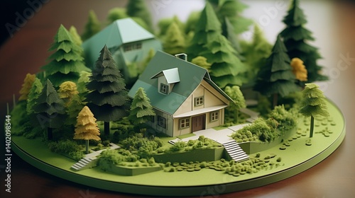 Isometric eco-home made of paper, nestled on soft moss in a peaceful garden landscape.