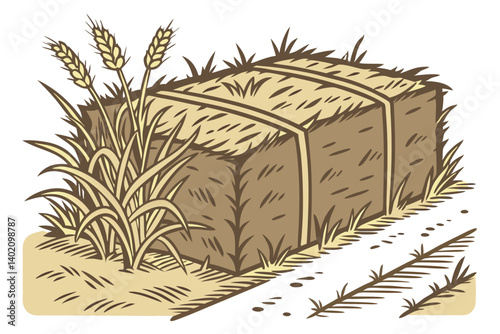 58 Rectangular hay bale, golden straw, dried grass, farm imagery, agricultural texture, rustic countryside, harvest season, natural materials, organic shapes, earthy tones, rural setting, baled fodder