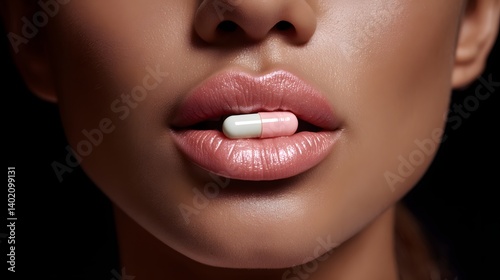 Beauty and the Pill: An intimate close-up of a woman's full, sensuous lips delicately holding a capsule, subtly hinting at health, beauty, and wellness.
