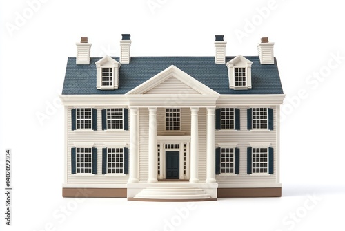 A classic colonial-style house model, featuring white siding, blue roof, and dark shutters.