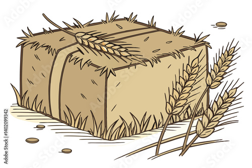 58 Rectangular hay bale, golden straw, dried grass, farm imagery, agricultural texture, rustic countryside, harvest season, natural materials, organic shapes, earthy tones, rural setting, baled fodder