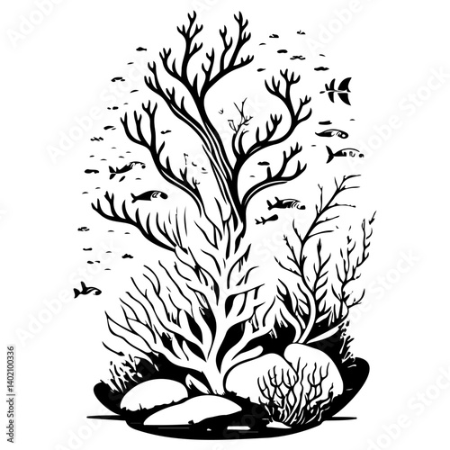 Underwater Scene with Flora and Fauna in Silhouette